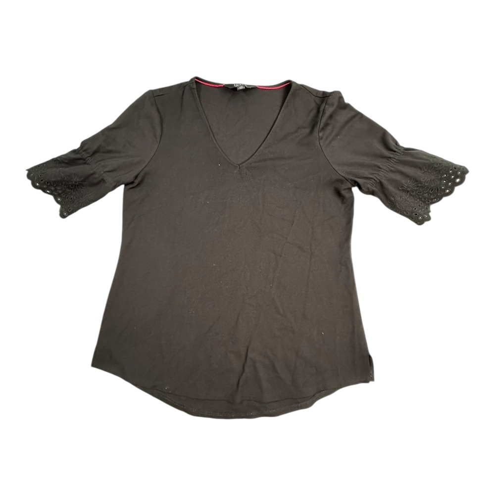 IMNYC ISAAC MIZRAHI Black V-Neck Bell Sleeve Eyelet Tunic Top Women's Large
